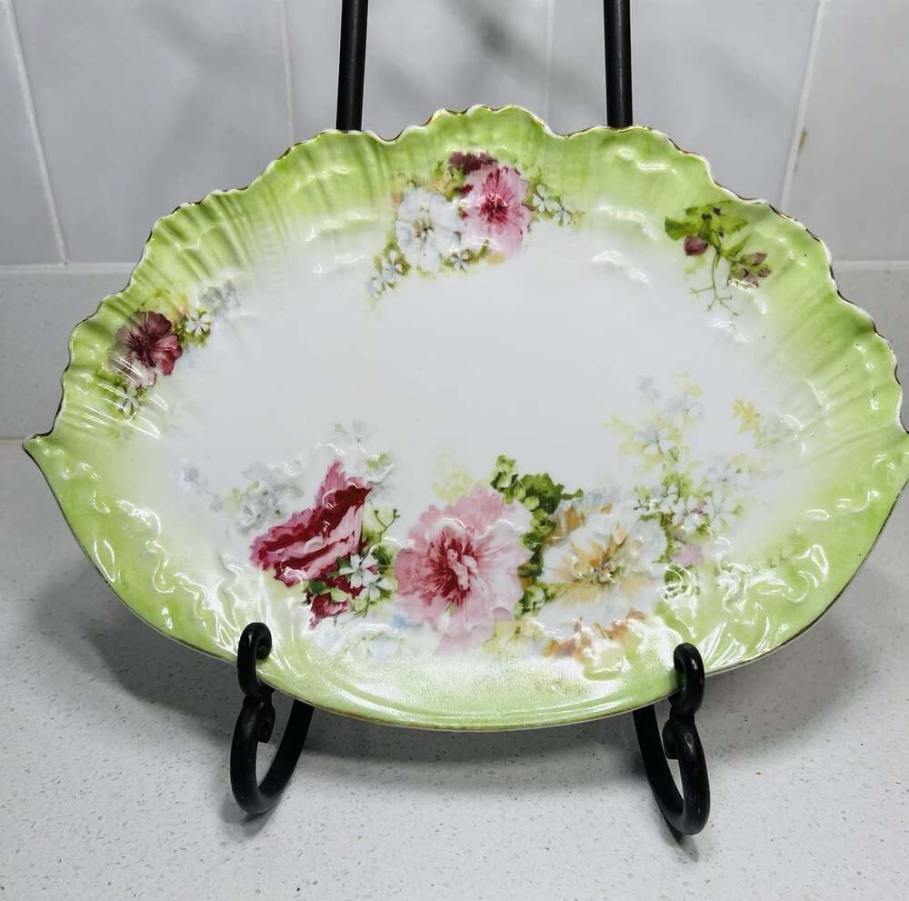 A Lanternier Limoges Floral Oval Serving Bowl 11” Green Gold Trim